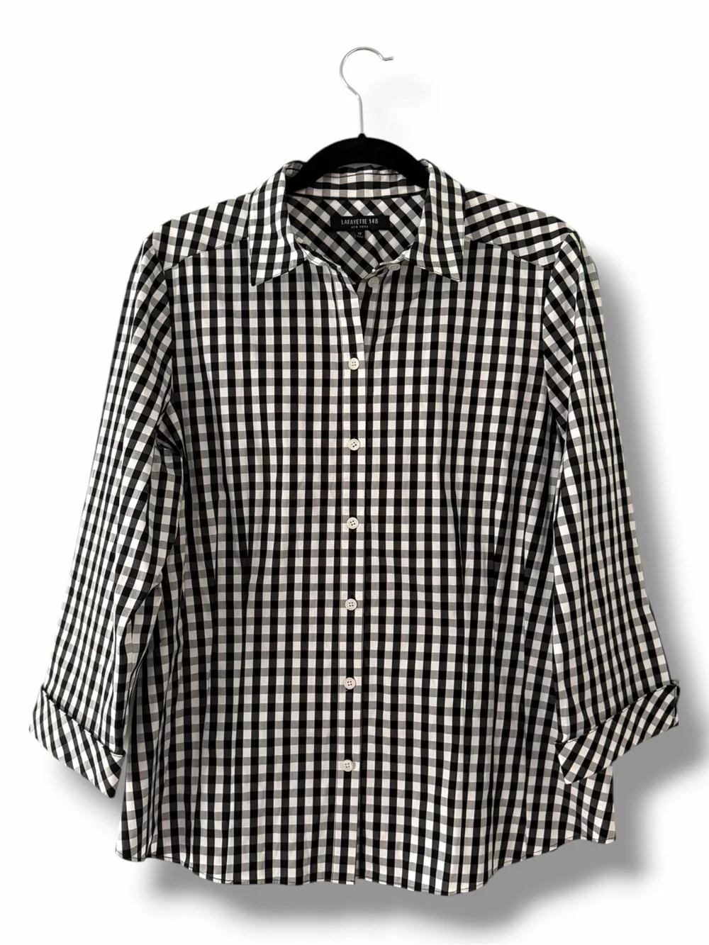 Lafayette 148 NY Black & White Gingham Button Down Shirt Poplin Classic Size 12 - Picture 2 of 11